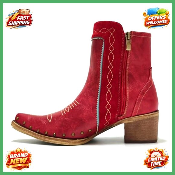 Western Fringe Ankle Boots Studded Turquoise Stones Cowgirl Chic Block Heel - Picture 5 of 7